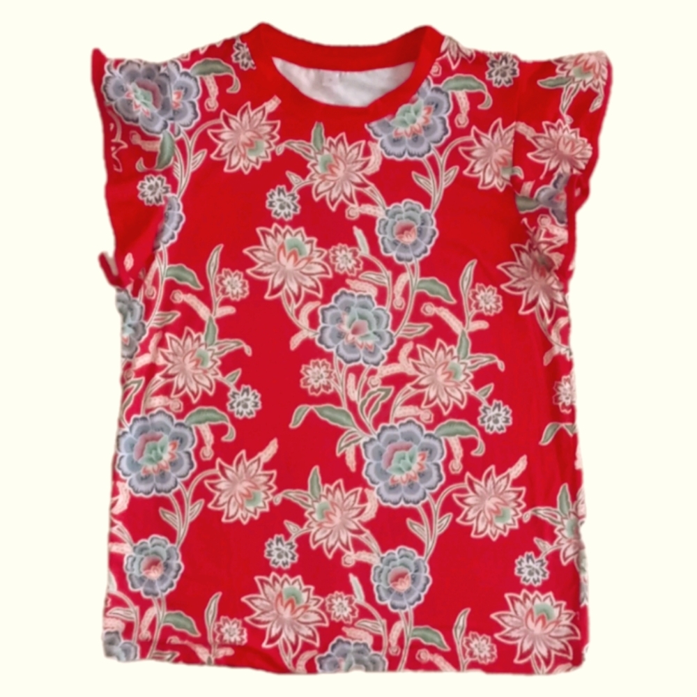 Floral Short Sleeve Tee with Ruffled Sleeves Womens Red Orange Size M